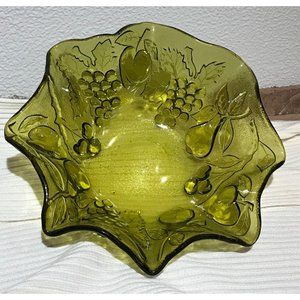 Vintage Green Scalloped Ruffled Edge Glass Bowl